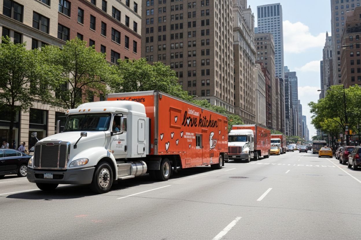 Branded fleet vehicles on the road showcasing bulk wrap cost savings and brand visibility.