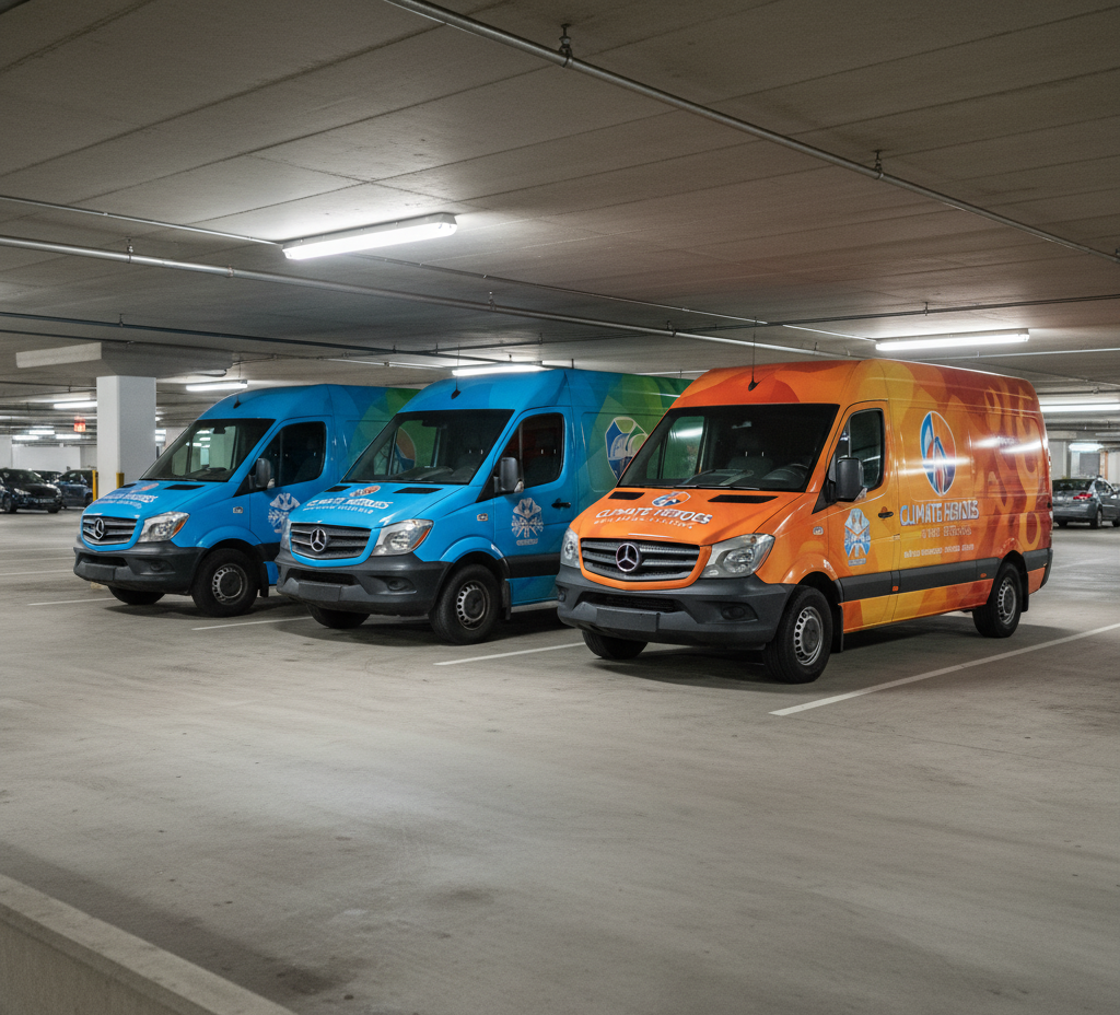 Fleet vehicles with branded graphics parked indoors to protect wraps from UV damage and weather exposure.