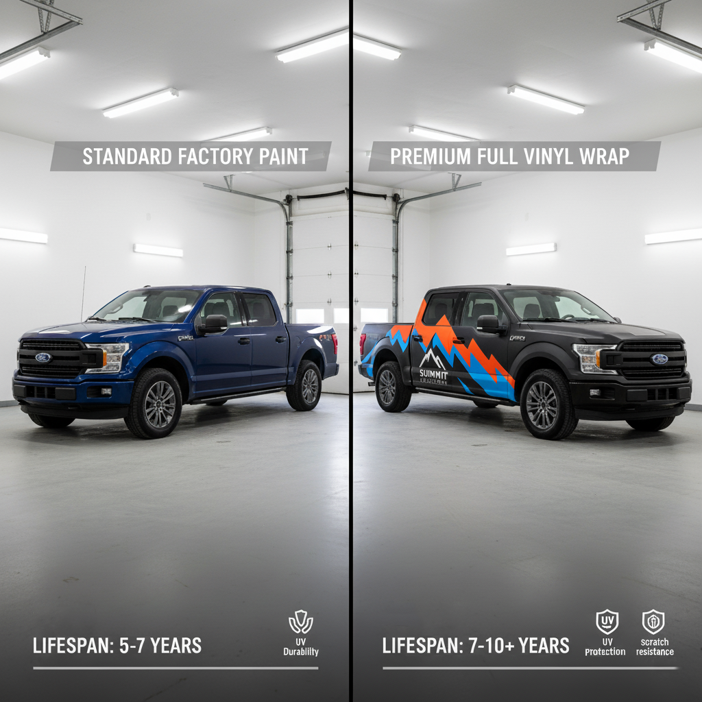 Comparison of traditional vehicle paint job and vinyl wrap, highlighting cost, durability, and branding benefits.