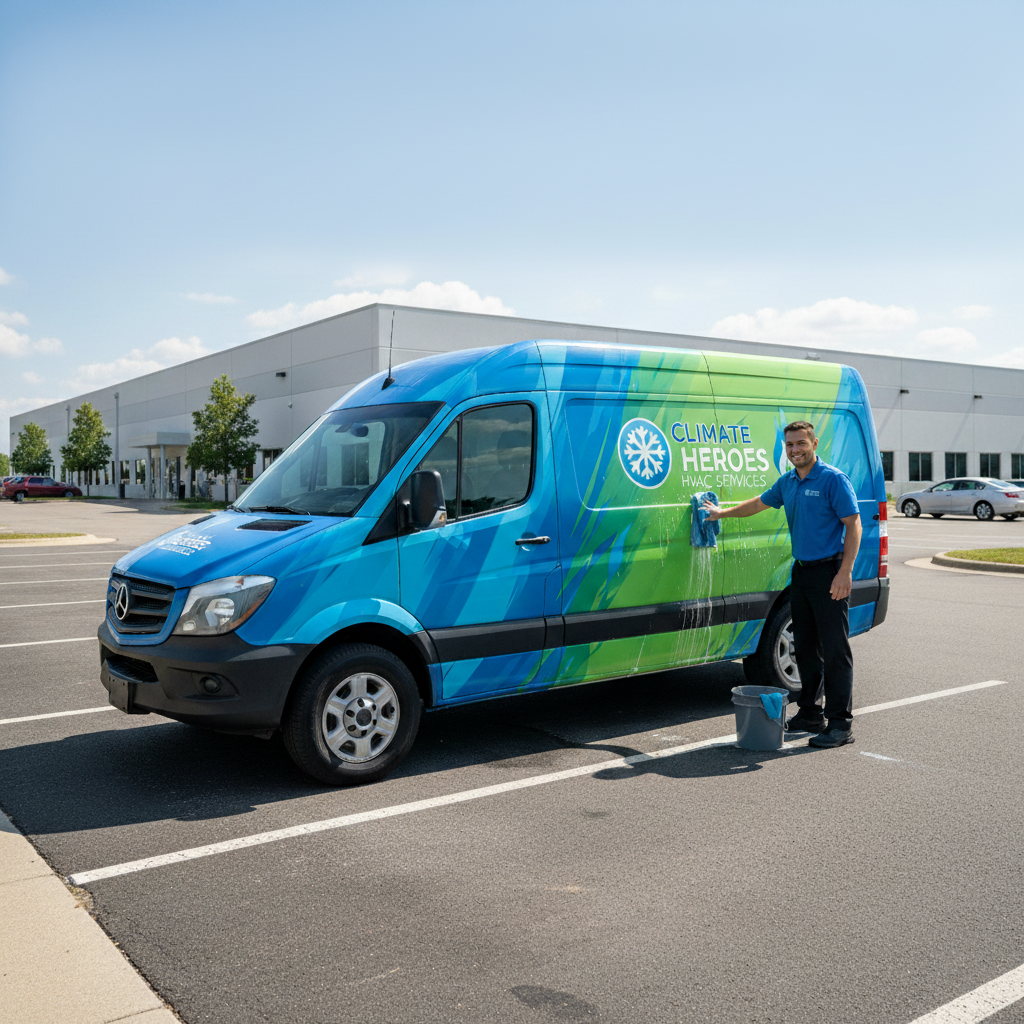 echnician hand-washing a fleet vehicle wrap with a microfiber cloth to maintain vinyl graphics and extend lifespan.