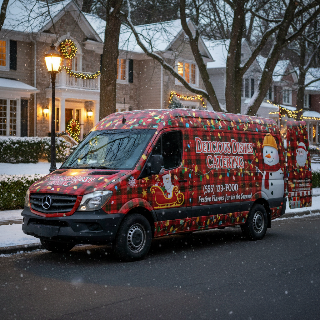 Seasonal fleet graphics on a delivery van promoting a holiday campaign with eye-catching temporary vehicle wrap design.