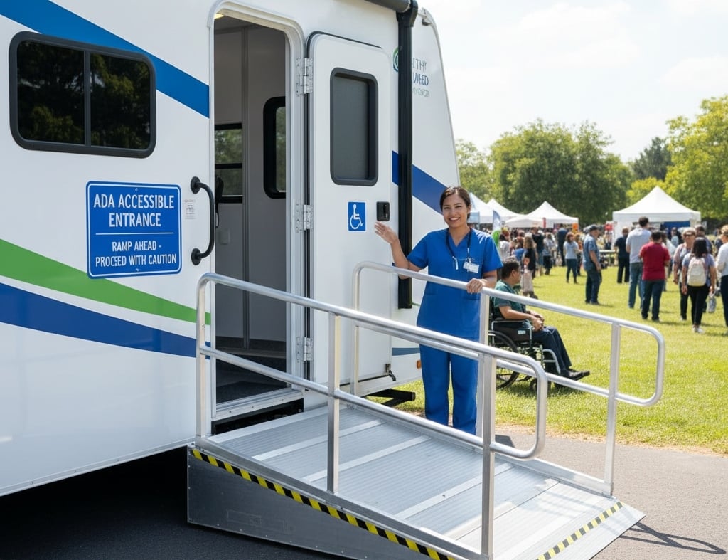 ADA-accessible mobile medical trailer entrance with ramp and safety compliance features.