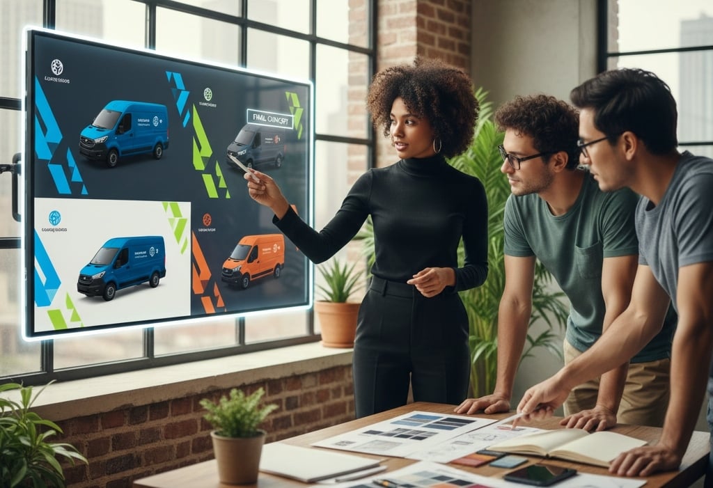 Marketing team reviewing updated branding concepts for new fleet graphics.
