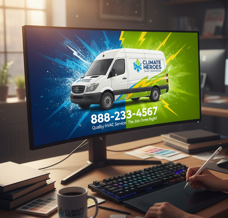 Graphic designer creating fleet wrap design on computer screen with company logo and bold lettering.