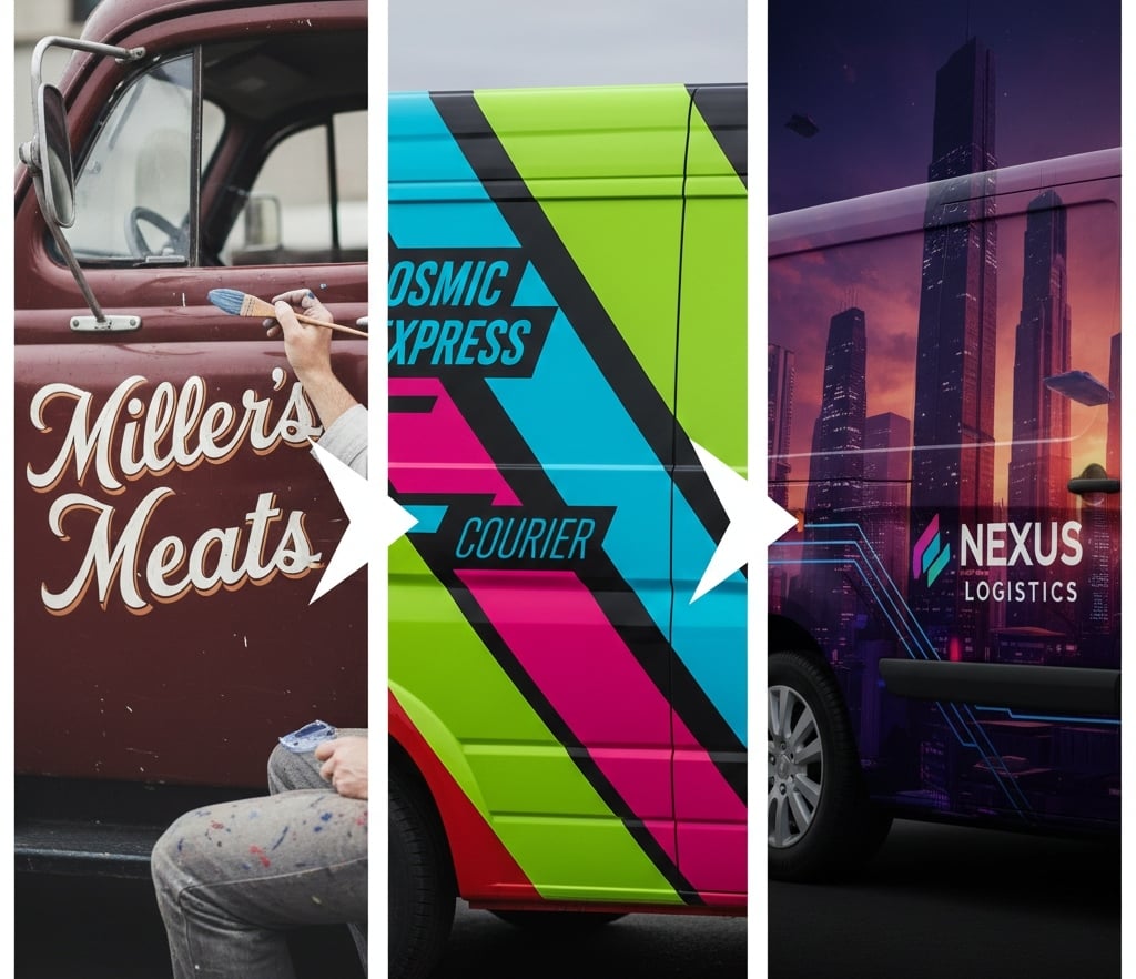 Evolution of vehicle graphics from painted lettering to vinyl decals to full digital wraps.