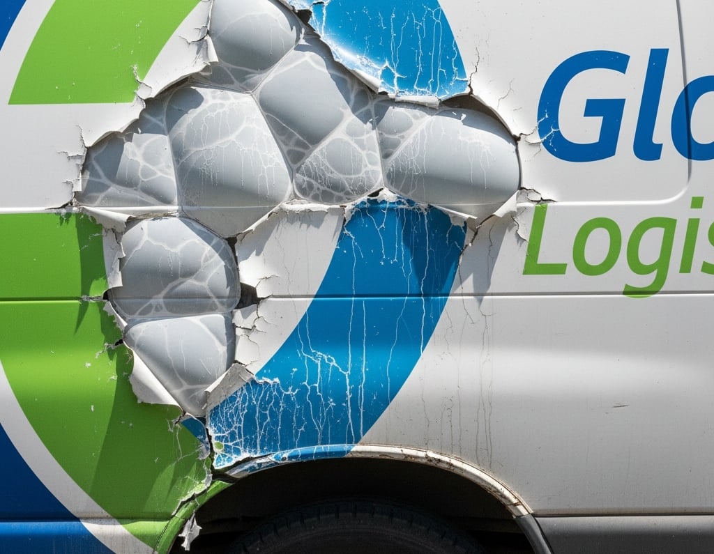 Peeling and bubbling vinyl fleet graphic on a service van indicating replacement needed.