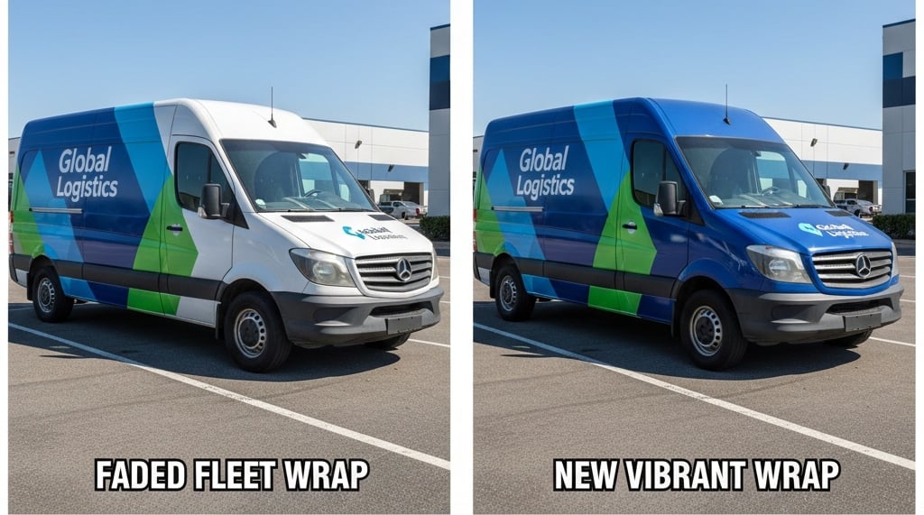 Comparison of faded fleet graphics and newly installed vinyl wraps on delivery vans.