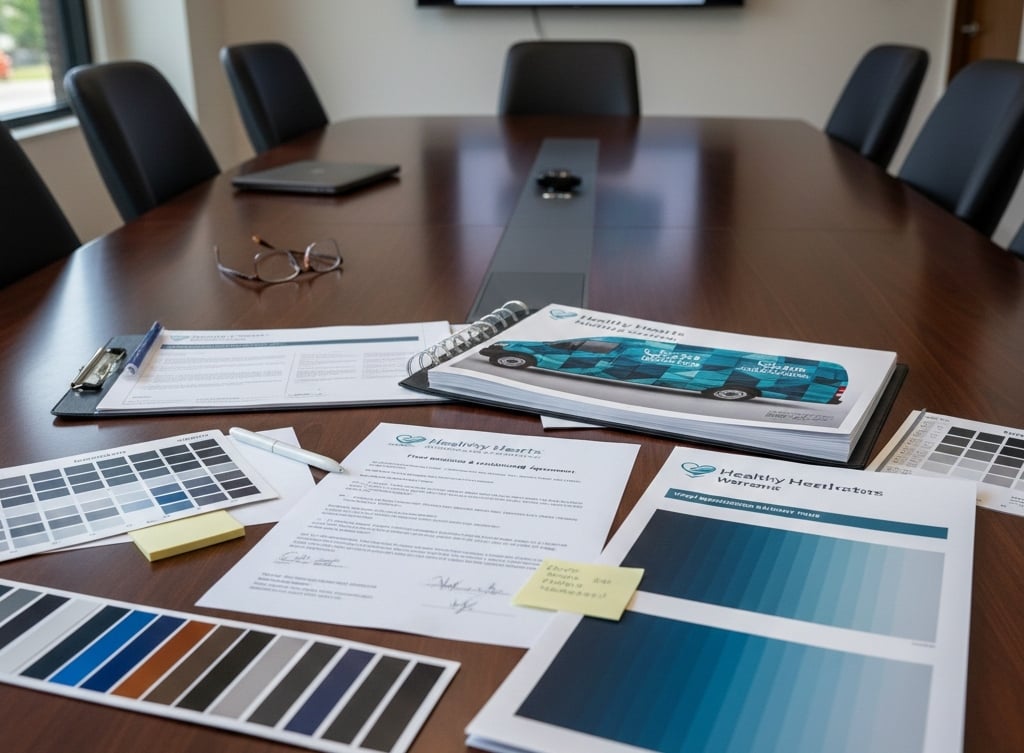 Fleet wrap project contract, material selection, and color planning for professional vehicle branding