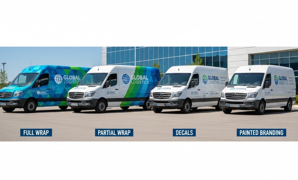 Vehicles demonstrating full wrap, partial wrap, decals, and painted branding options for fleet marketing.