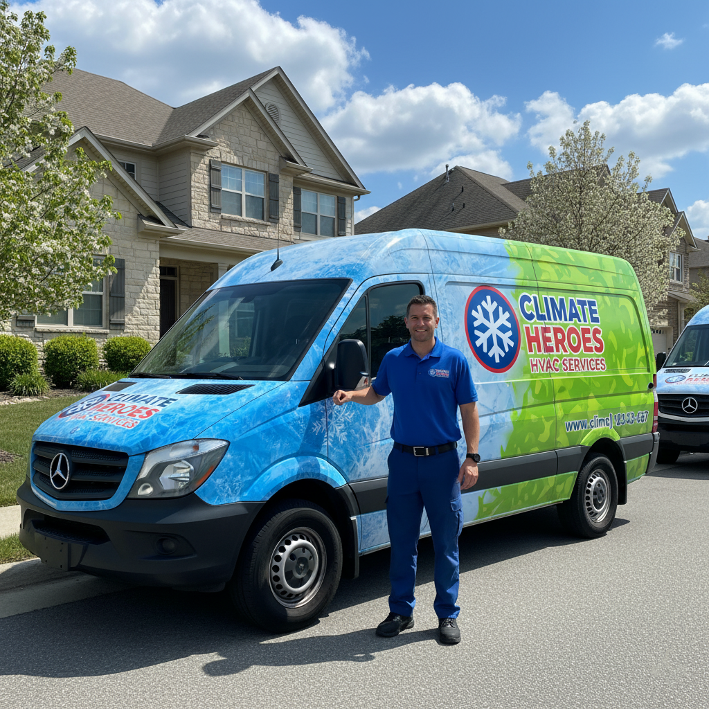  HVAC technician beside a wrapped service van featuring fleet graphics that improve local brand recognition and customer trust.