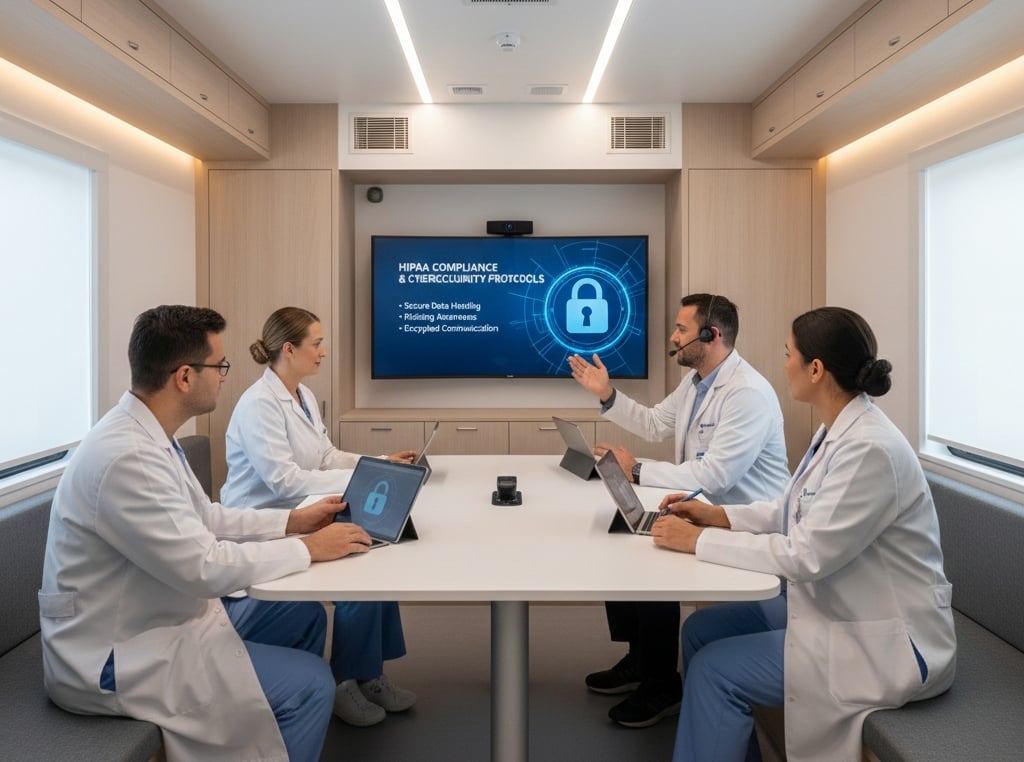 Mobile clinic staff receiving cybersecurity and HIPAA compliance training to protect medical data.