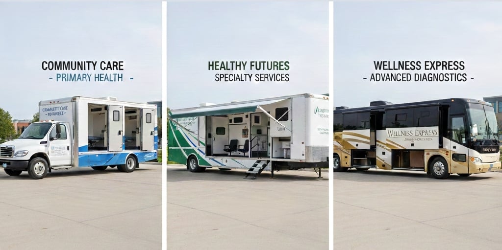 Box truck, trailer, and coach platforms used for building mobile medical clinics with varying capacities.