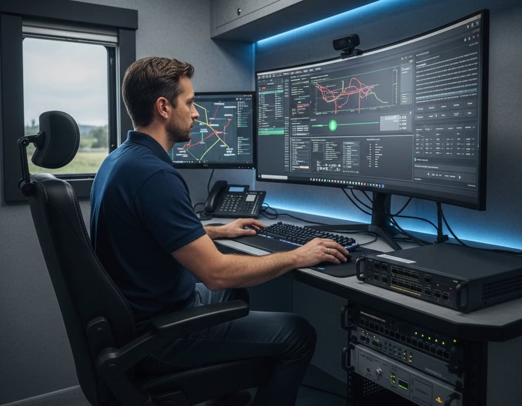 Technician setting up VPN and firewall on mobile medical unit network to secure patient data transmission.