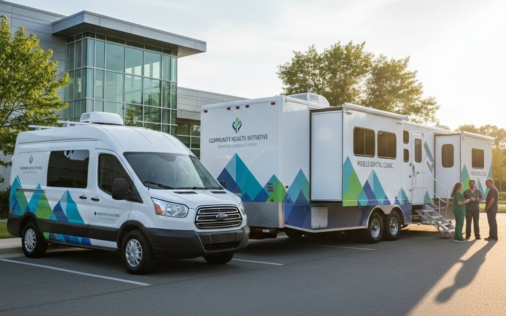 Different types of mobile medical vehicles including primary care vans and diagnostic trailers