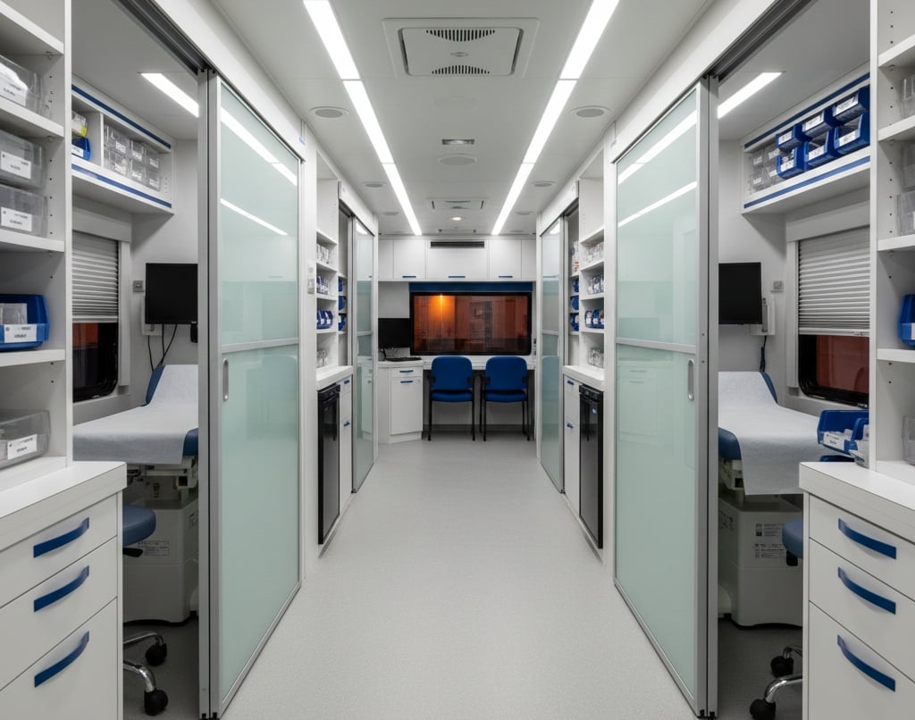 Spacious interior of a mobile medical coach with multiple exam rooms and diagnostic equipment.