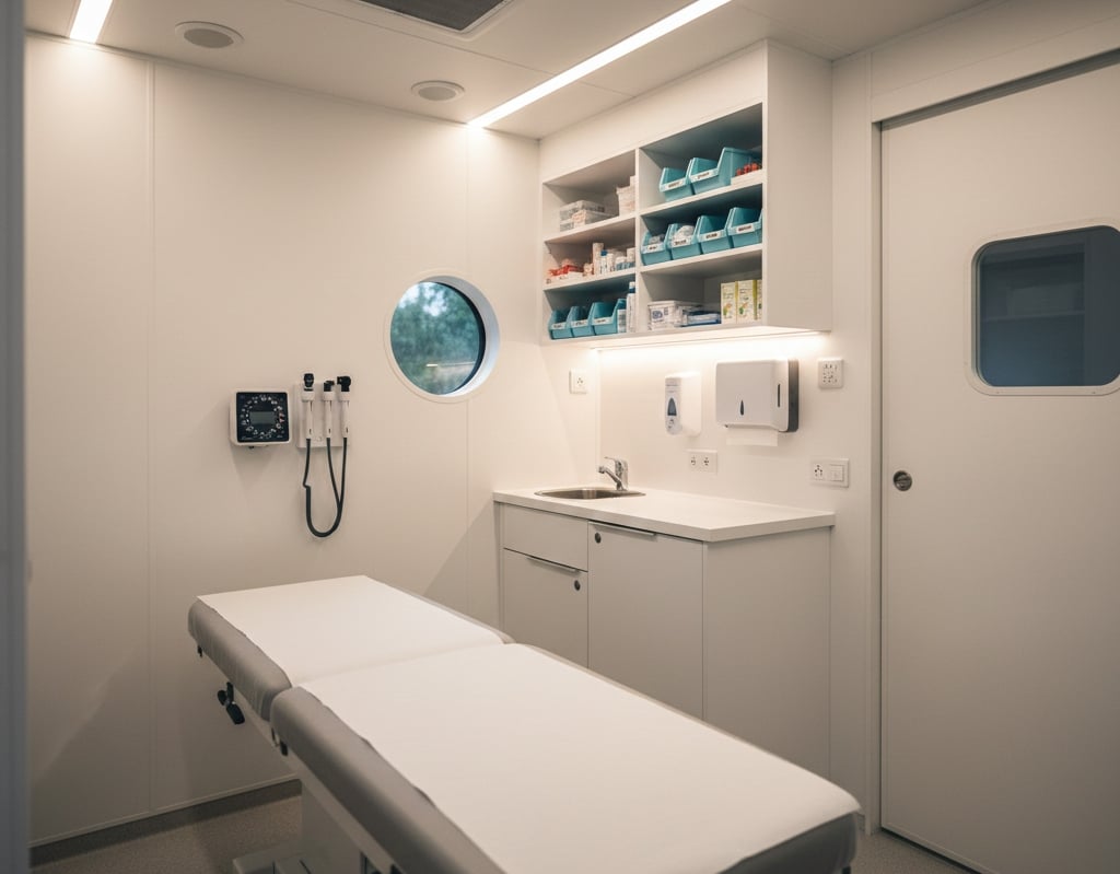 Interior layout of a mobile medical vehicle with exam room and integrated medical equipment