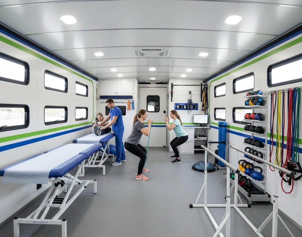 Mobile rehabilitation and physical therapy unit designed for patient recovery and mobility training.