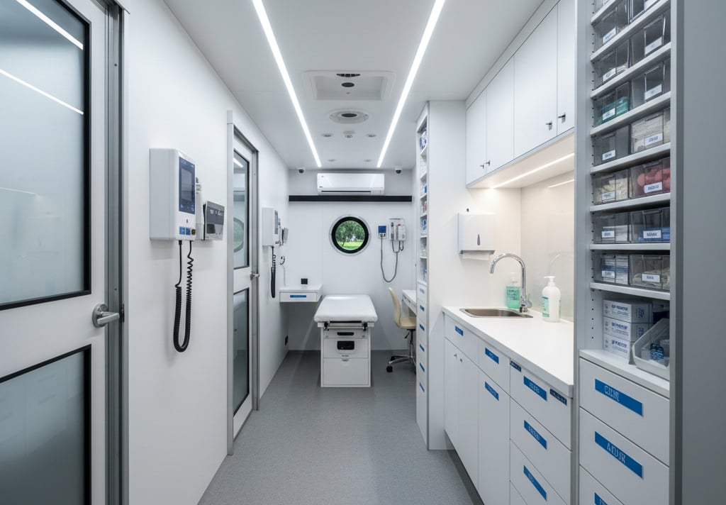 Interior of a mobile primary care clinic equipped for exams, diagnostics, and patient consultations