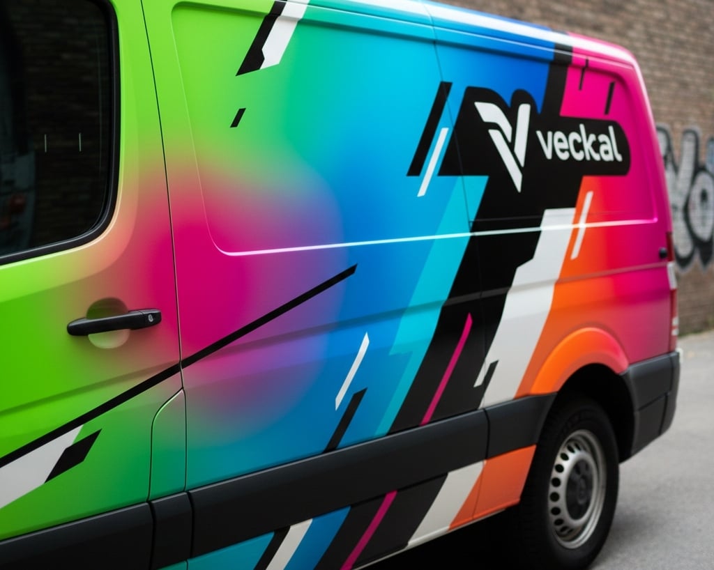 Delivery van with a gradient vinyl wrap in bold colors representing 2025 fleet design trends.