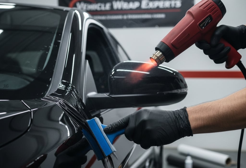 Technician using squeegee and heat gun to install vinyl wrap smoothly on curved vehicle surface.