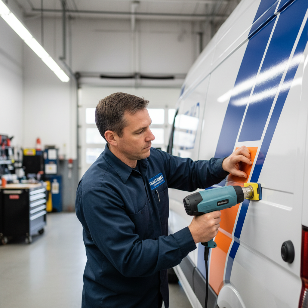 Technician installing vinyl fleet wrap on company van using heat and precision tools.