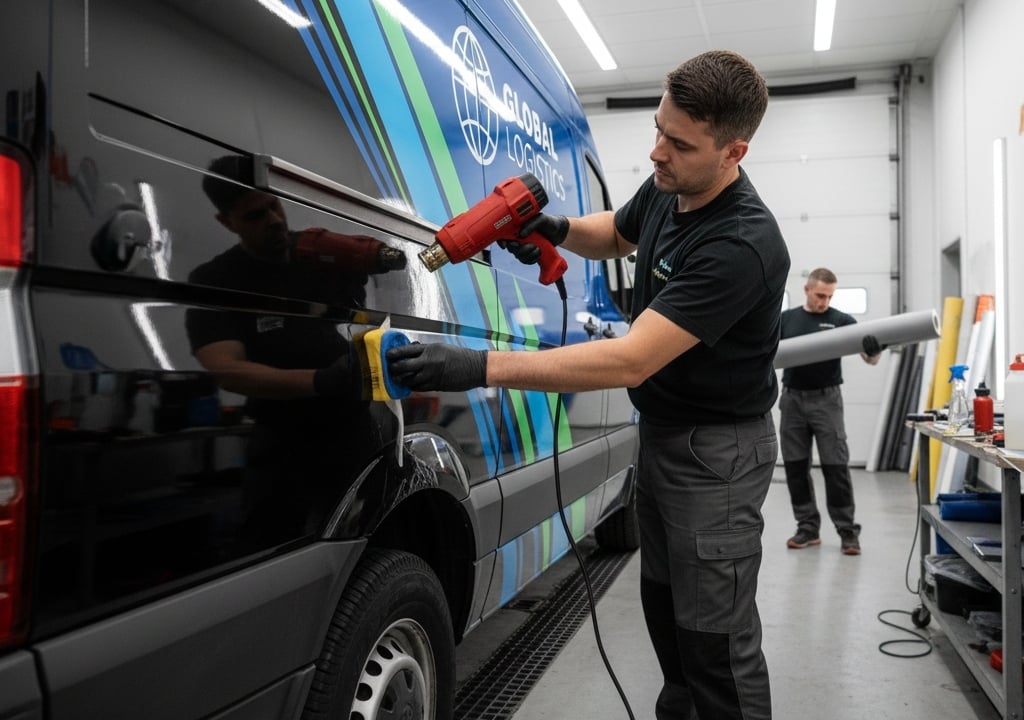 Professional installer applying vinyl wrap to a commercial van during fleet branding process.