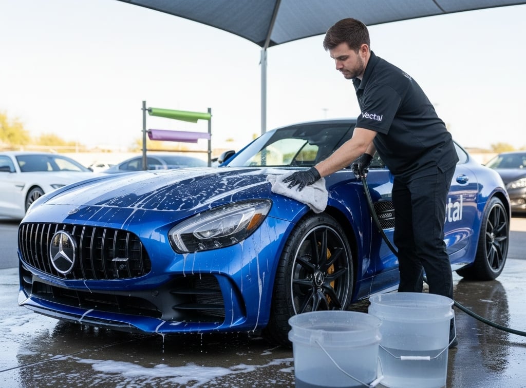 Technician hand washing a vinyl wrapped car with microfiber cloth to maintain wrap longevity.