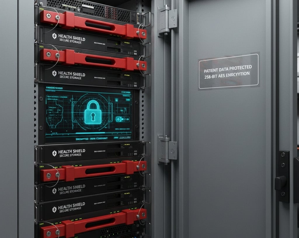 Ruggedized locked server cabinet inside a mobile medical unit designed for secure healthcare data storage.