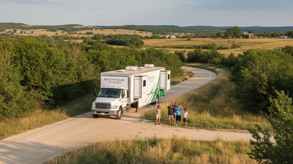 Mobile medical trailer towed through a rural area for healthcare outreach in remote communities.
