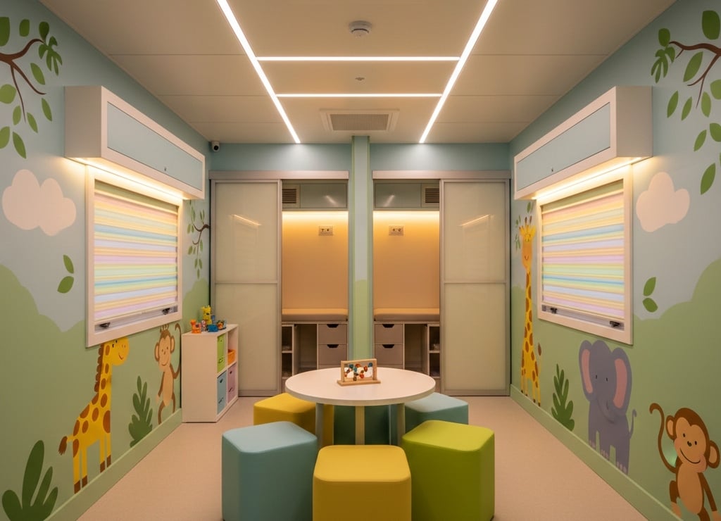 Pediatric mobile clinic with calming colors, murals, and soft LED lighting.