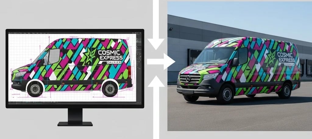  Designer creating vehicle wrap mock-up on digital template for accurate alignment.