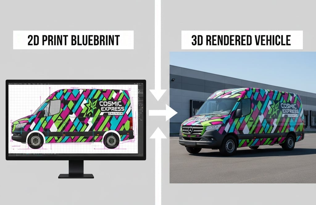  Designer creating vehicle wrap mock-up on digital template for accurate alignment.