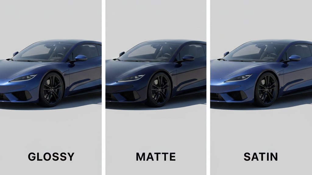 Gloss, matte, and satin vehicle wrap finishes side by side showing visual differences.