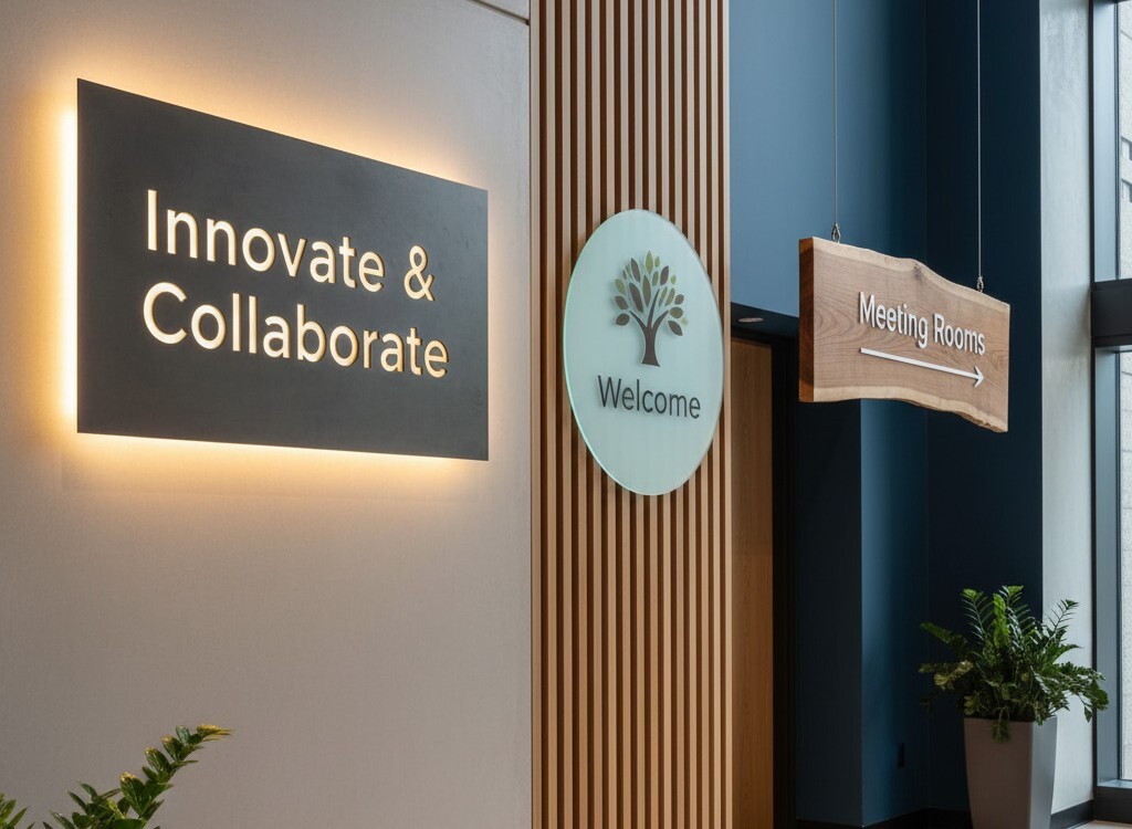 Architectural signage materials like metal, glass, and wood seamlessly integrated with building design for visual harmony and brand reinforcement.