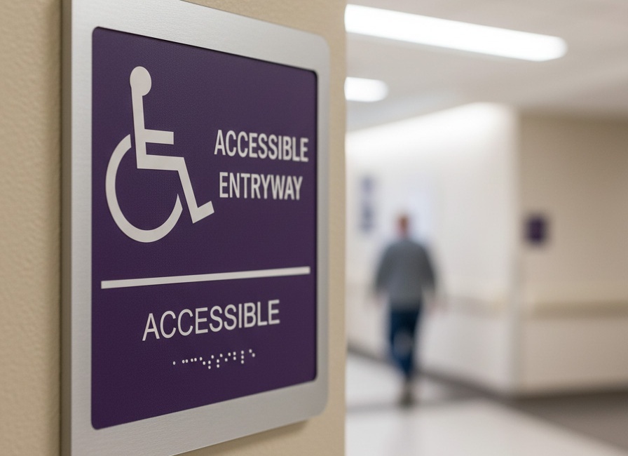 ADA-compliant architectural signage providing accessible navigation and improving visitor experience in a building.