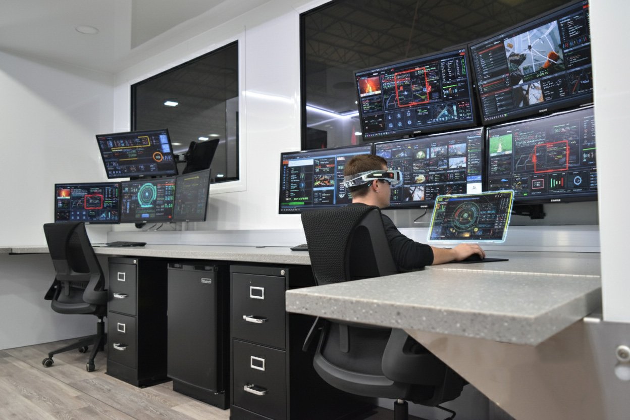 AR and AI-assisted collaboration tools in a mobile command unit, enhancing situational awareness and decision-making.