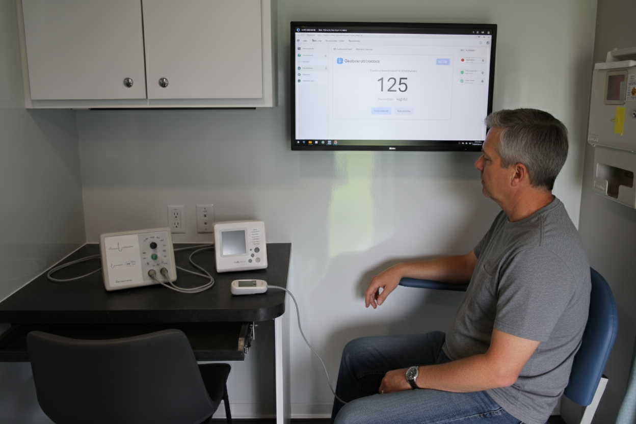 Connected diagnostic devices in a mobile medical RV transmitting patient data to electronic health records.