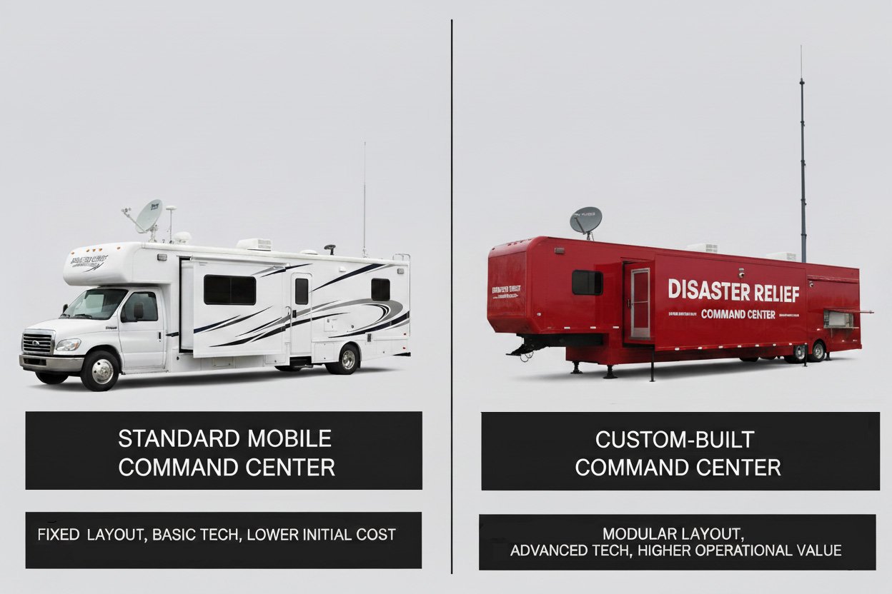 Side-by-side visual comparison of two mobile command centers—one standard and one custom-built—illustrating differences in layout, technology, and cost efficiency.