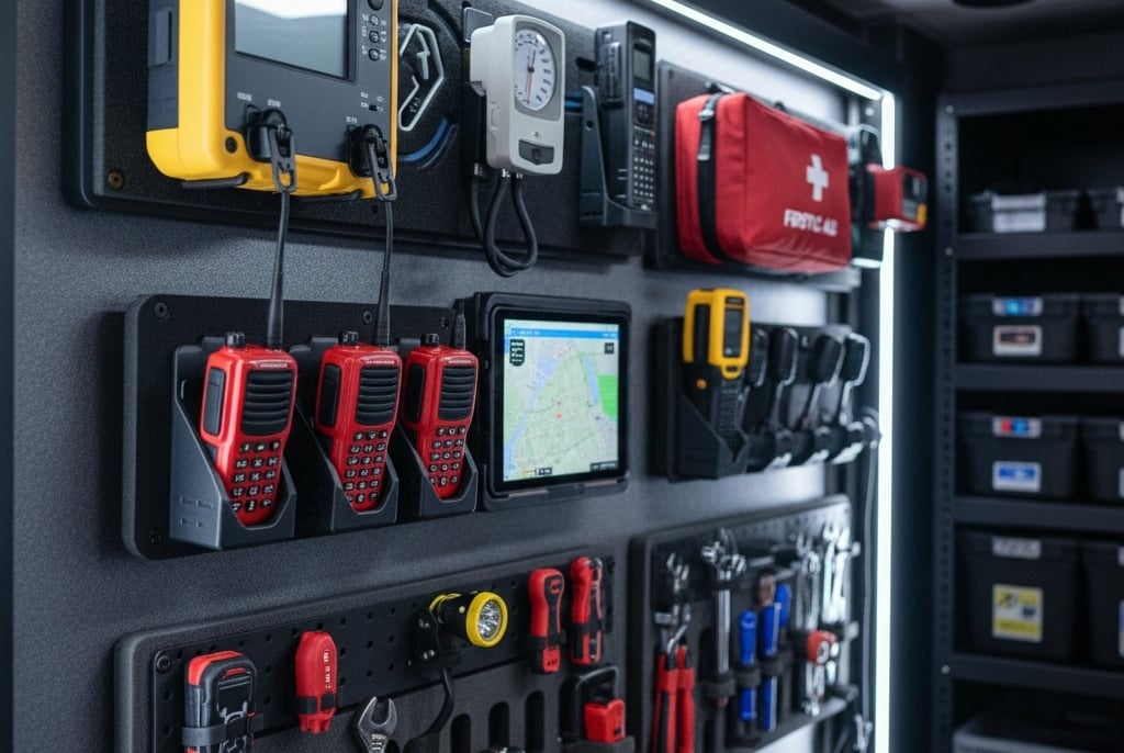 Equipment securely mounted and easily accessible inside disaster relief trailer