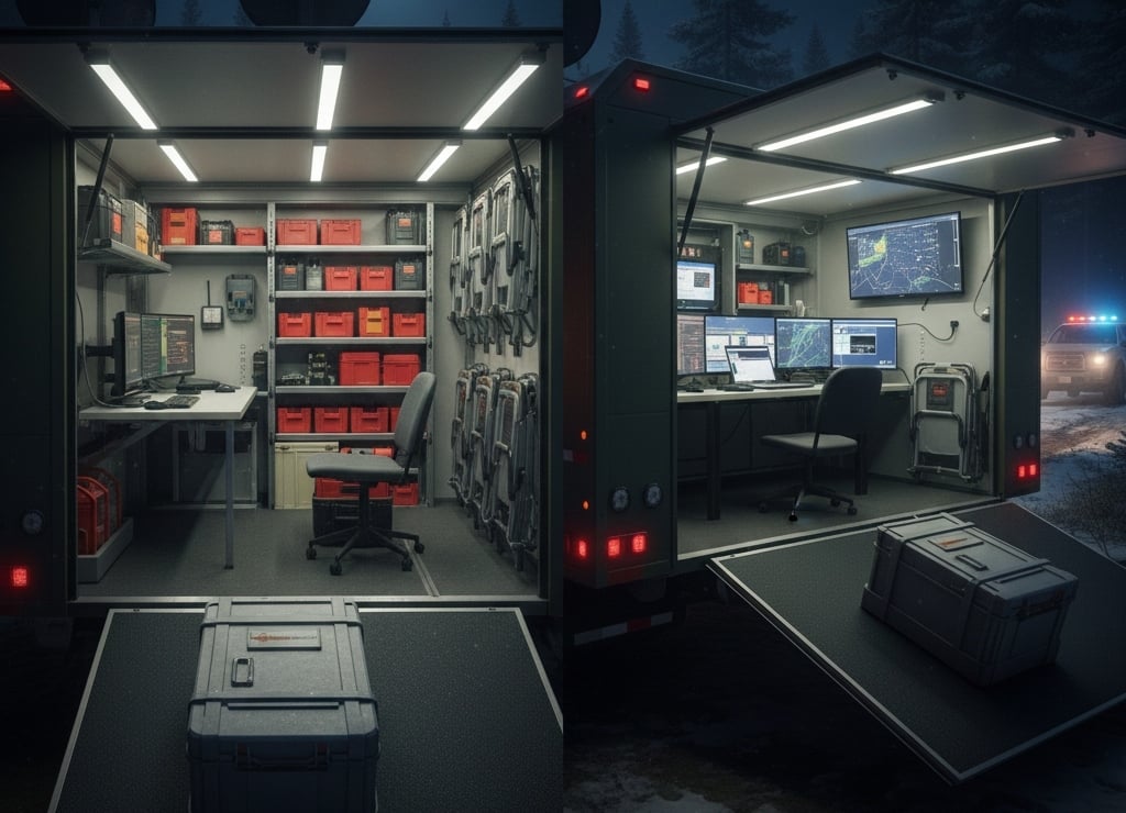 Modular storage and foldable furniture maximizing space in disaster relief trailer