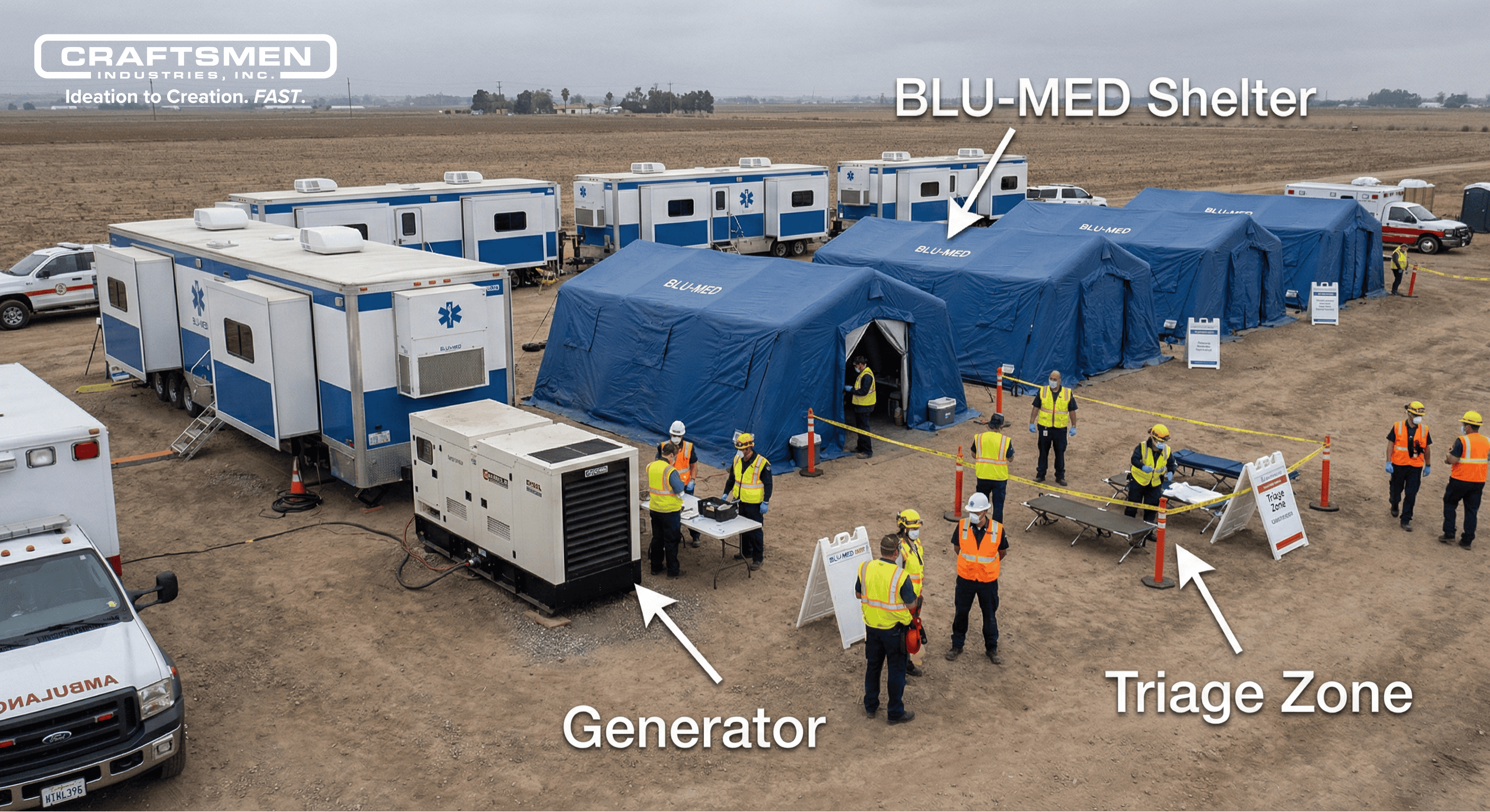 FEMA-style mobile medical units deployed with modular tents and generator systems for disaster response.