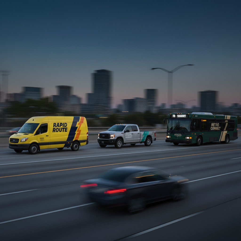 Side-by-side examples of fleet vehicles showing how color contrast and brightness impact visibility and readability.