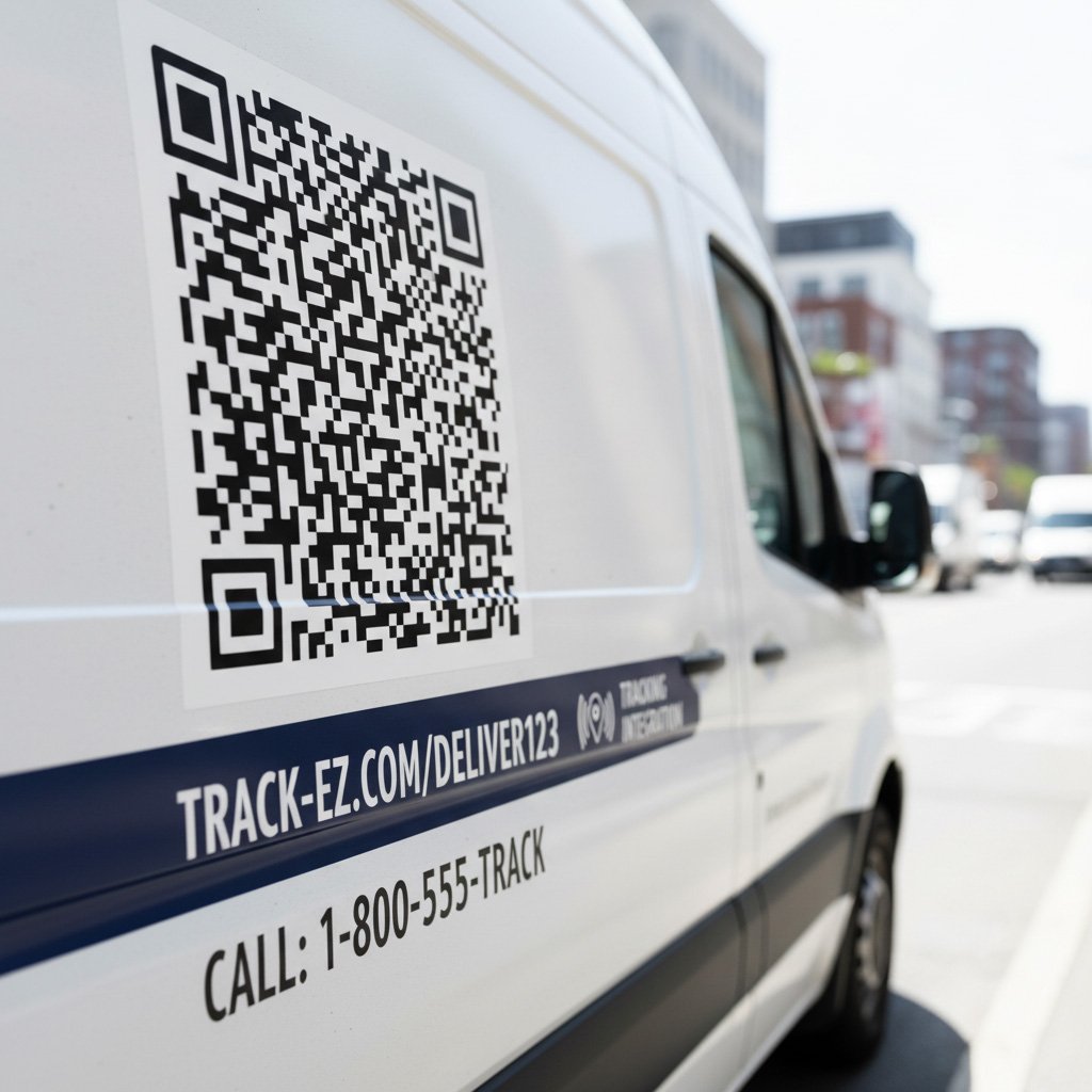 Fleet vehicle featuring QR codes, custom URLs, and dedicated phone numbers to measure marketing impact and track ROI.