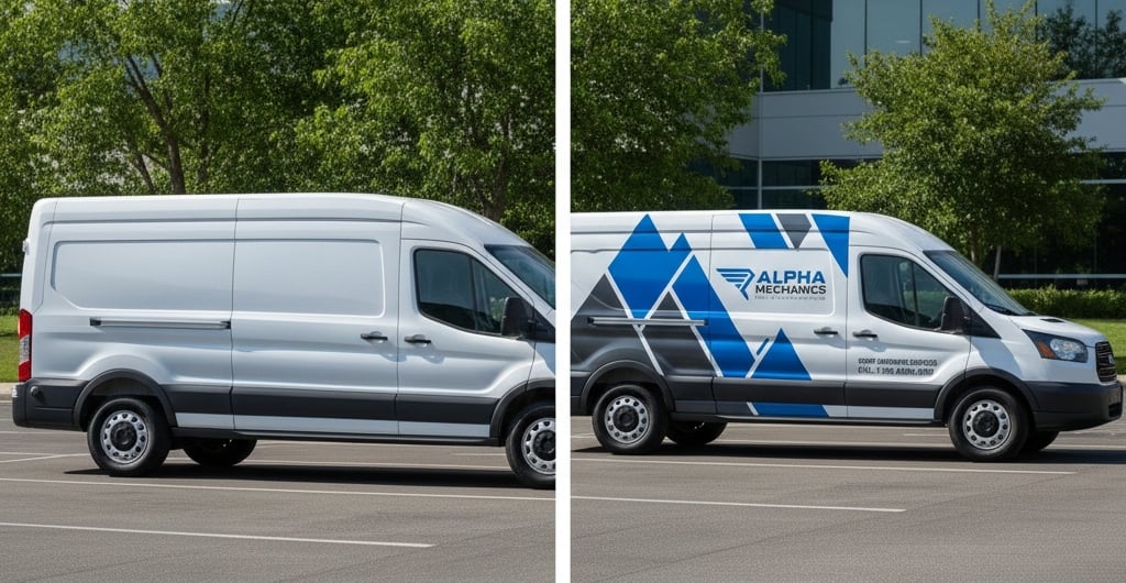 Before and after comparison of professional fleet wrap installation
