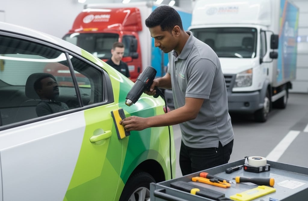 Certified installer applying fleet wrap for precise alignment and flawless finish