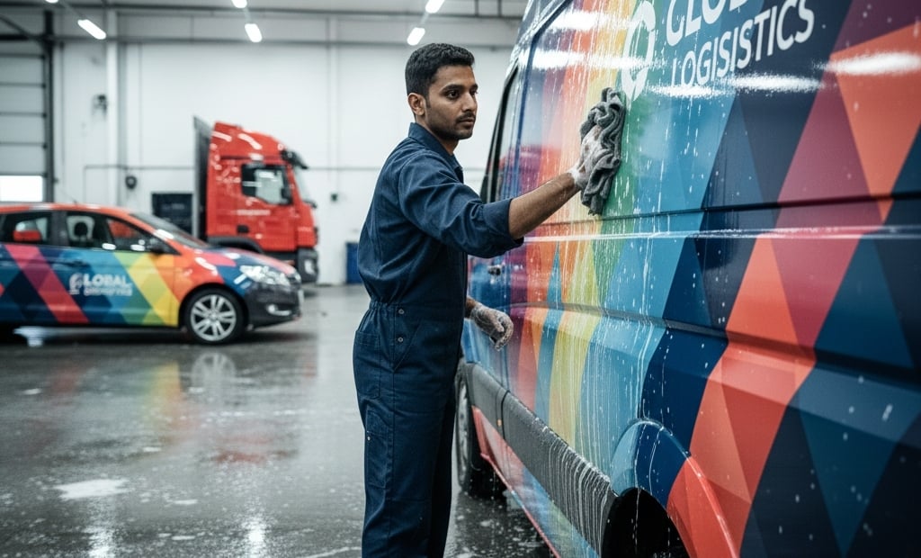 Hand washing fleet vehicle with vinyl wrap for easy maintenance and low upkeep