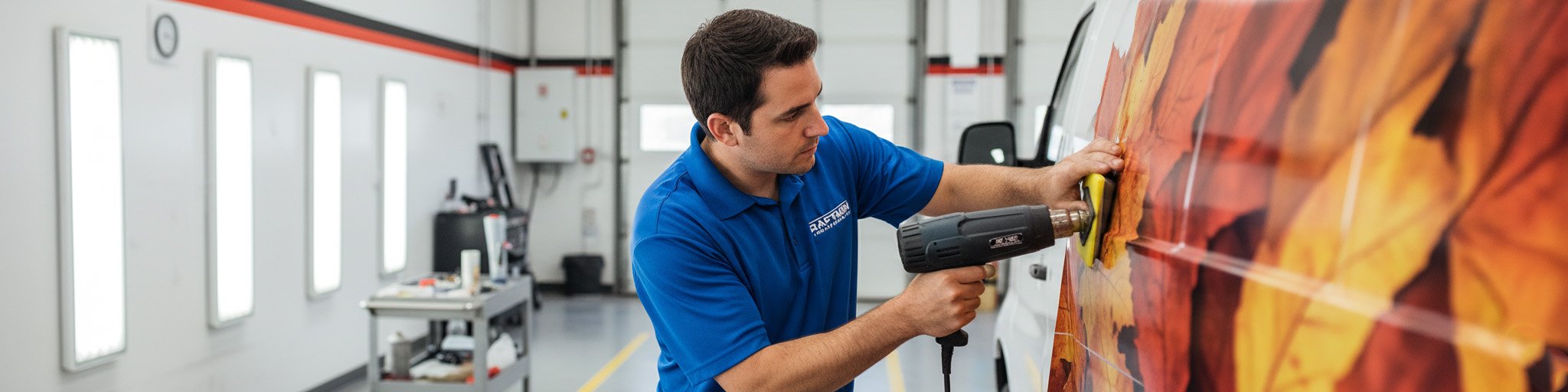 Installation of seasonal fleet graphics by a trained professional, showcasing proper surface prep, alignment, and application.