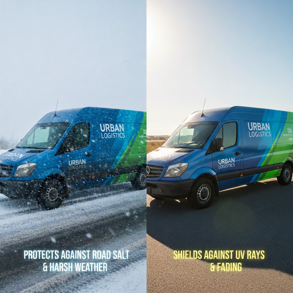 Wrapped fleet vehicles withstanding snow, sun, and road salt, demonstrating weatherproof protection for long-term paint preservation.