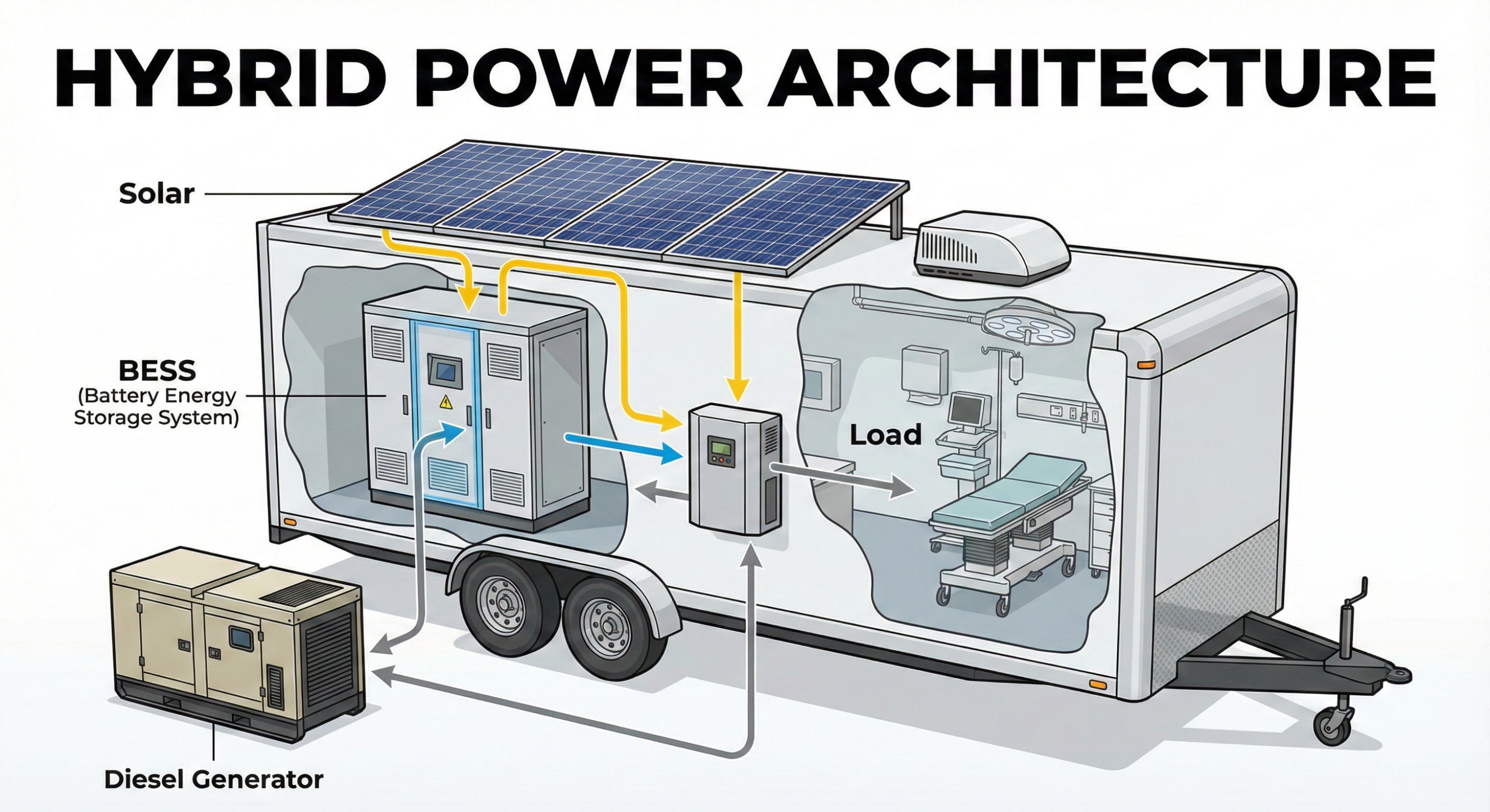 Diagram showing hybrid power system with solar panels, battery storage, and generator for a medical trailer.