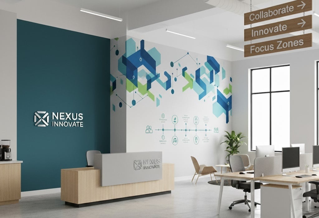 Indoor graphics enhancing brand messaging and aesthetics in a retail or office environment.